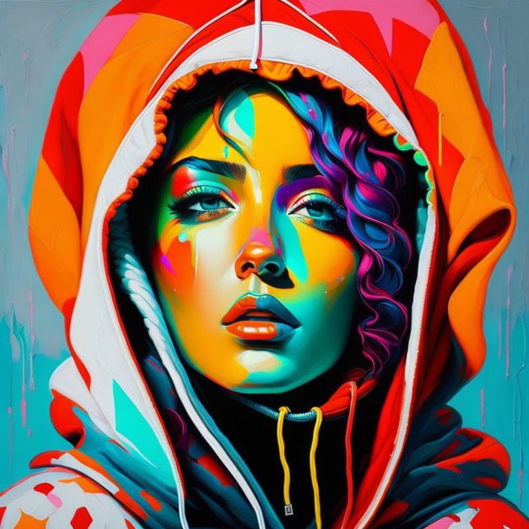 Colorful makeup woman in hooded jacket against teal backdrop