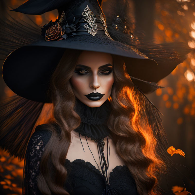 Woman in gothic witch costume with black hat and rose, set in autumn scene