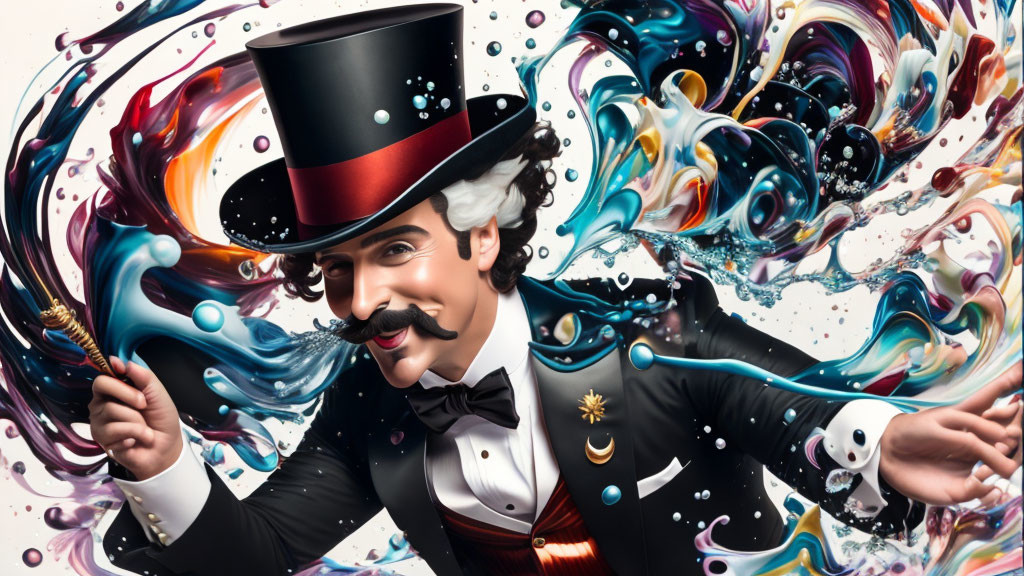 Colorful whimsical magician illustration with dynamic swirls & surreal elements