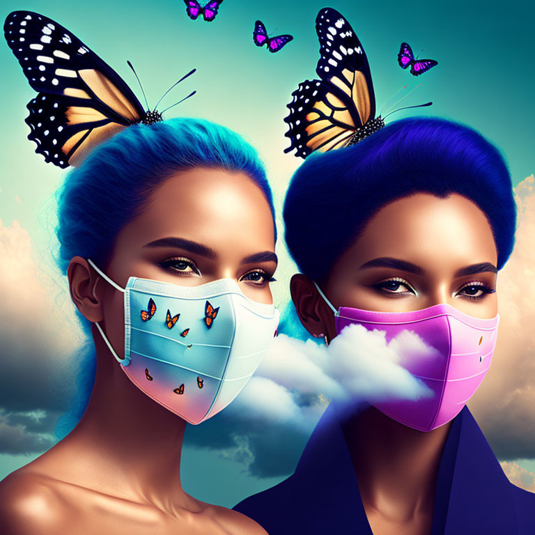 Vibrant blue-haired individuals with butterfly motifs wearing cloud masks in blue and pink.