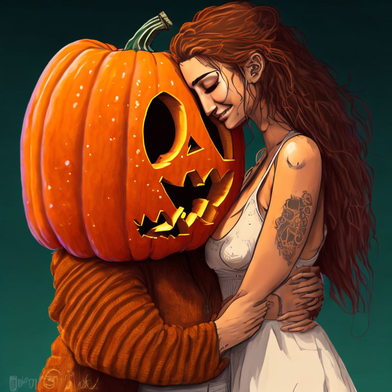 Woman embracing pumpkin-headed figure on teal background