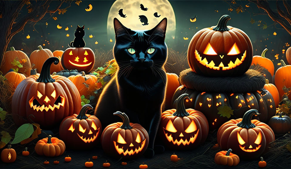 Spooky Halloween scene with black cat, carved pumpkins, bats, and full moon