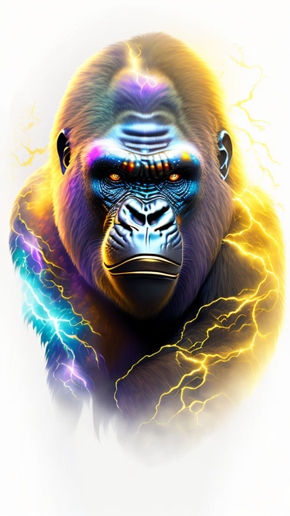 Colorful Gorilla Artwork with Electric Blue Eyes and Neon Yellow Lightning