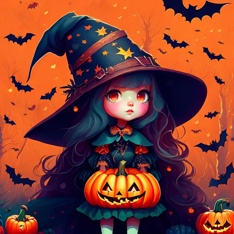 Wide-eyed girl in witch costume with jack-o'-lantern in autumn setting.