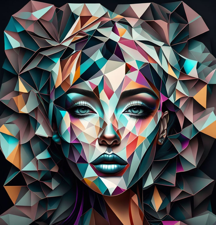 Abstract geometric digital artwork of a woman's face with colorful crystal-like patterns.