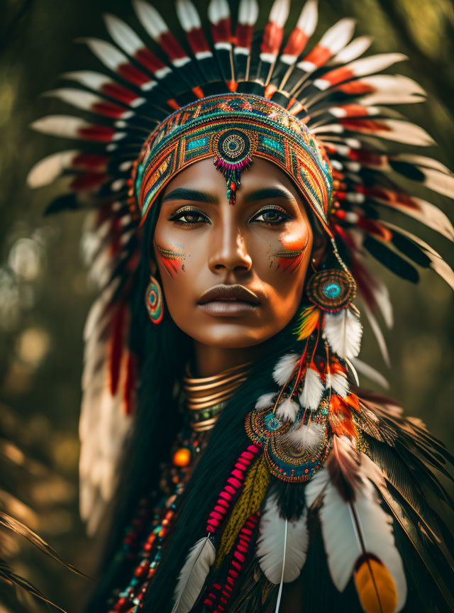 Portrait of a person in Native American headdress and face paint