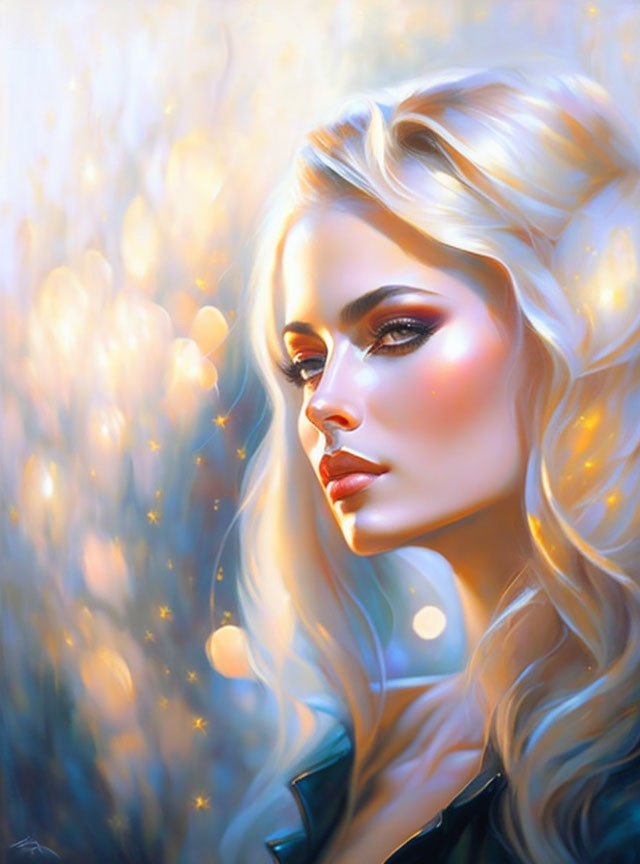 Blonde woman in digital painting with warm light and golden sparkles