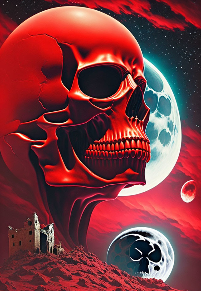 Surrealist red skull in cosmic landscape with moon and planets