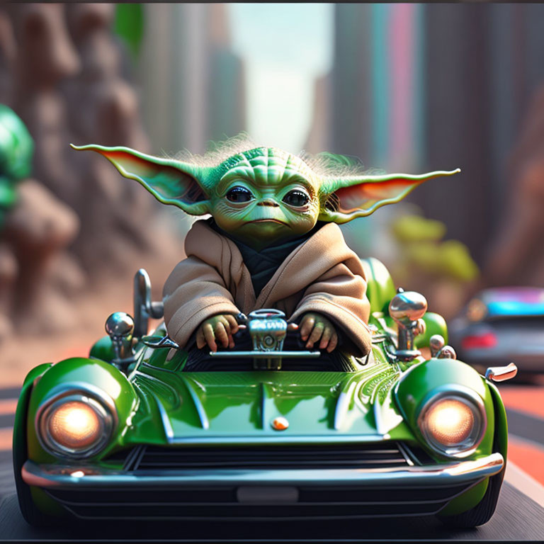 Digital artwork: Baby Yoda-like character in vintage car on road