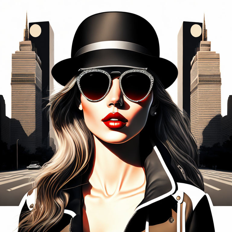 Fashionable woman with red lips and sunglasses in cityscape illustration