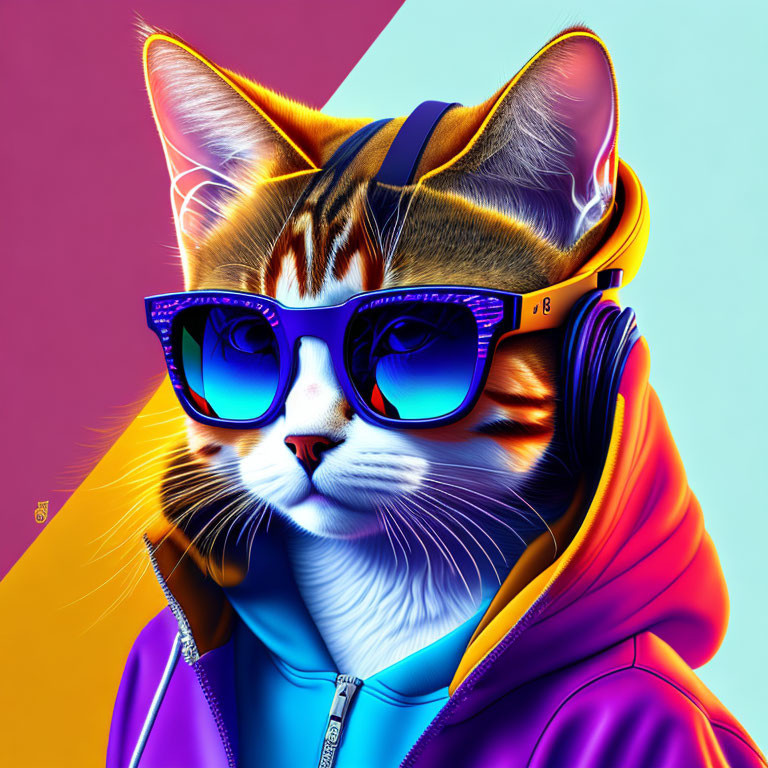 Stylized cat with blue sunglasses, headphones, and hoodie on geometric backdrop