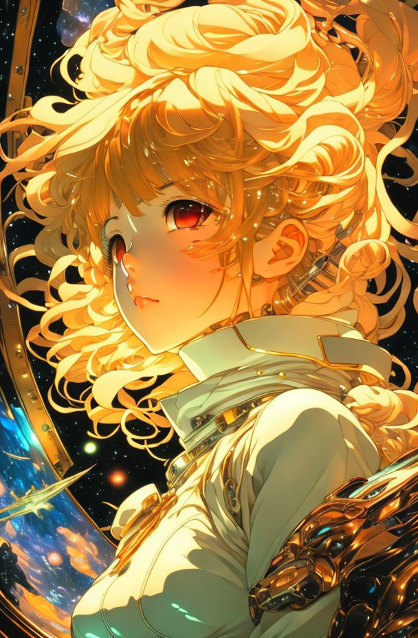 Golden curls and red eyes on animated character in sci-fi setting with glowing mechanical details, set against star