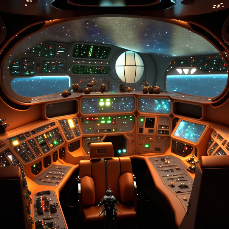 Futuristic Spaceship Cockpit with Glowing Control Panels