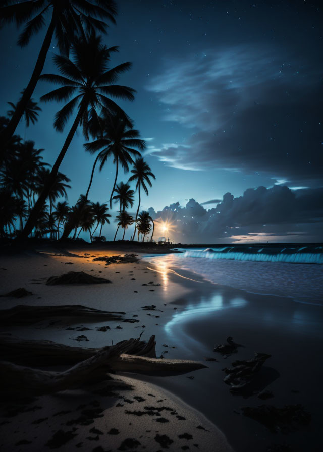 Starry night tropical beach with moonlit reflections and palm tree silhouettes