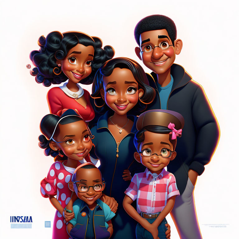 Colorful Animated Family of Six Smiling Together