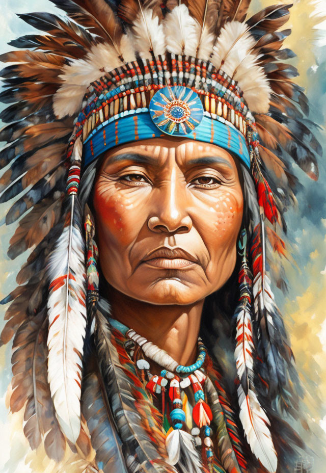 Native American elder in traditional feathered headdress and ceremonial attire