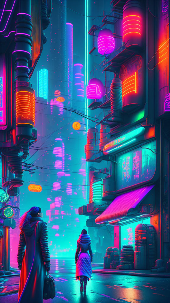 Vibrant neon-lit futuristic cityscape at night with skyscrapers and figures.