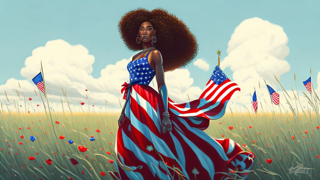 Woman with large afro in American flag-inspired dress in field with flags