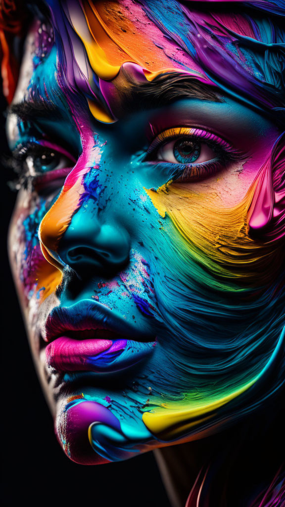 Vibrant multicolored body paint on person's face under dramatic lighting