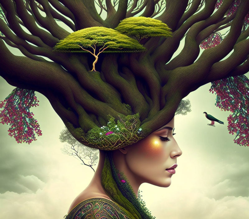 Surreal artwork: woman with tree hair, greenery, flowers, bird