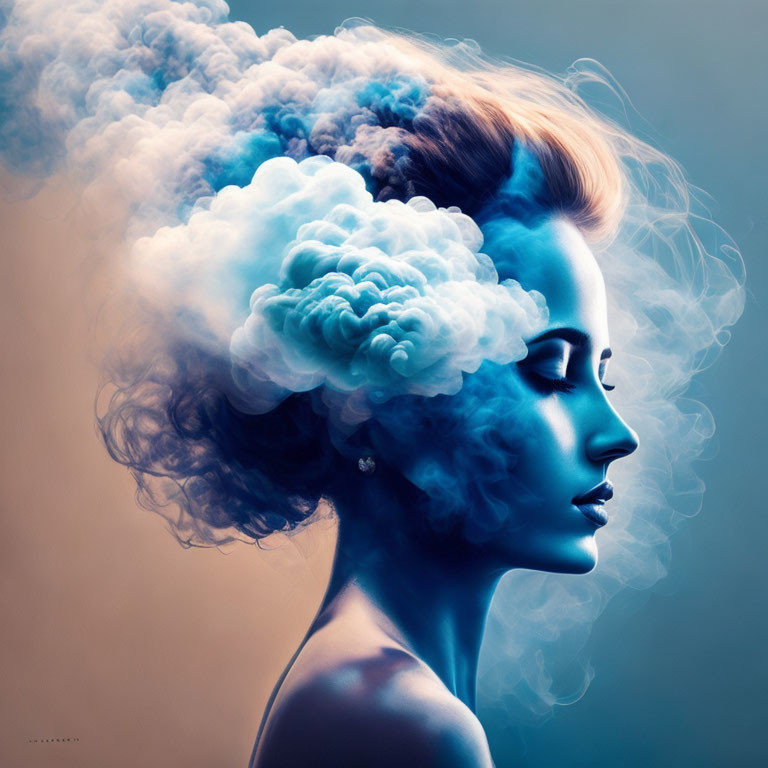 Woman with Blue & White Cloud Hair on Gradient Background