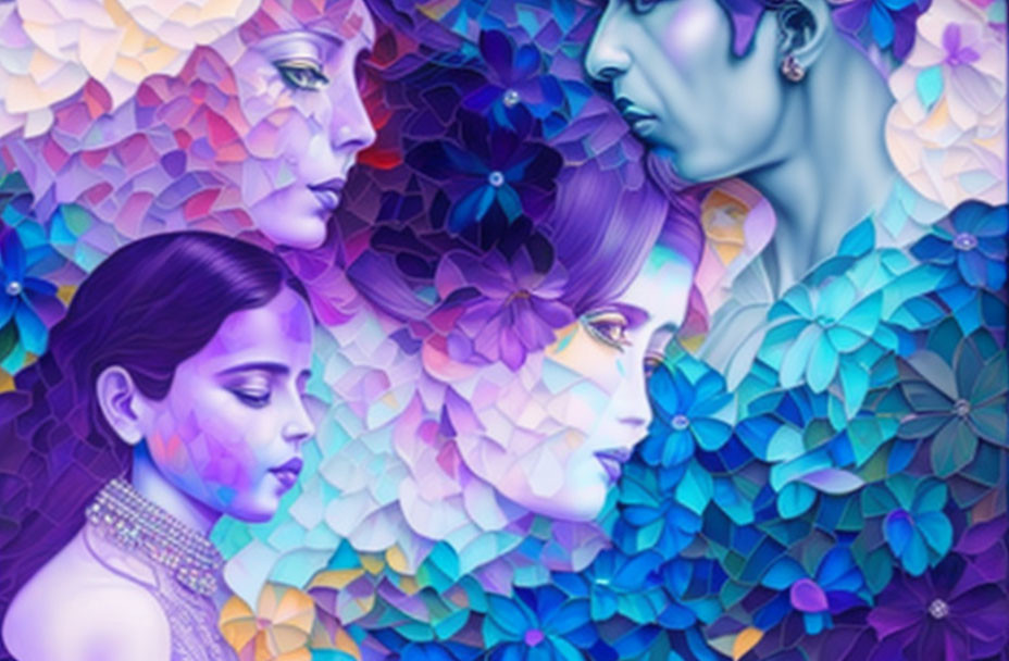 Colorful floral mosaic with four ethereal faces in purple and blue