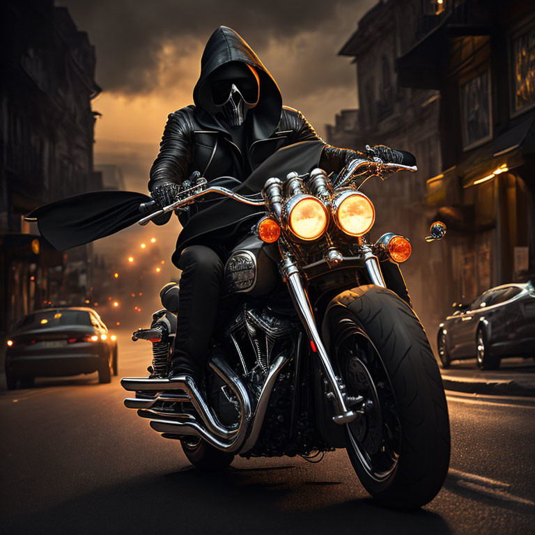 Person in black hooded outfit on glowing motorcycle in urban dusk scene