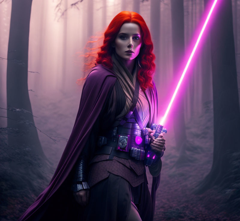 Red-haired woman wields purple lightsaber in mystical forest