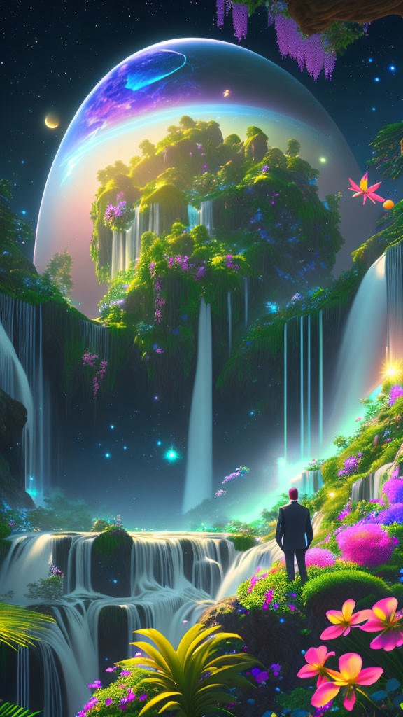 Person in majestic fantasy landscape with waterfalls and lush planet.