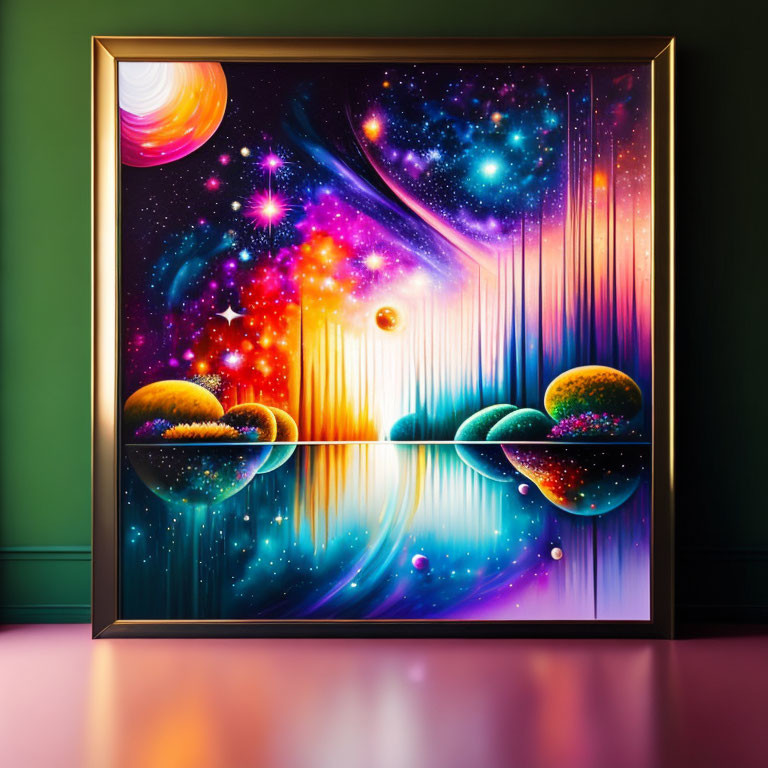 Colorful cosmic painting of stars, planets, and galaxies in golden frame