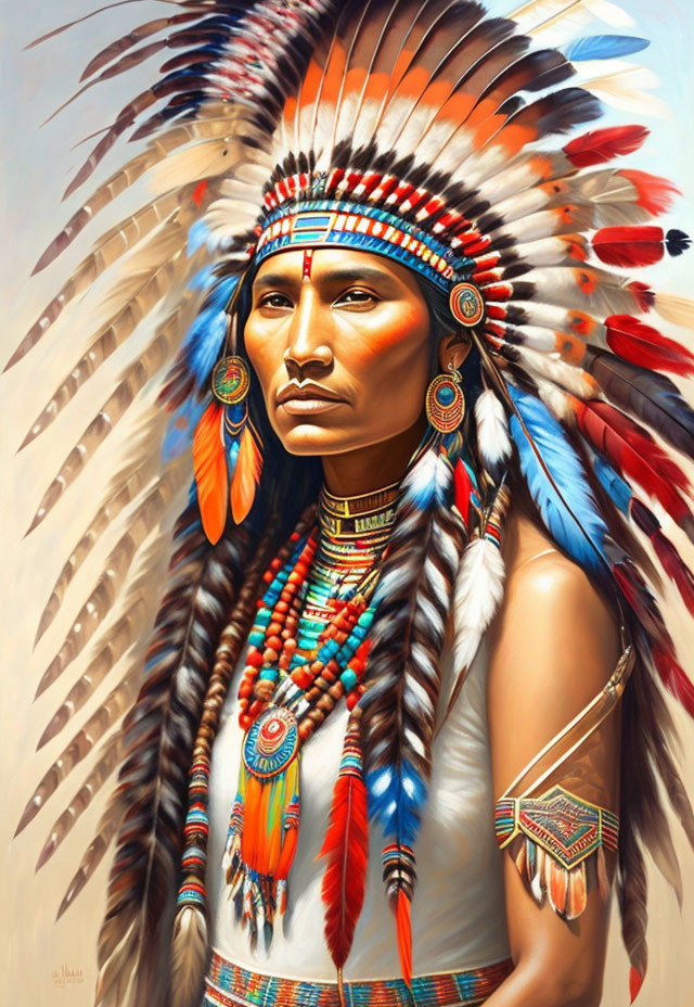 Native American painting featuring stoic figure in full headdress