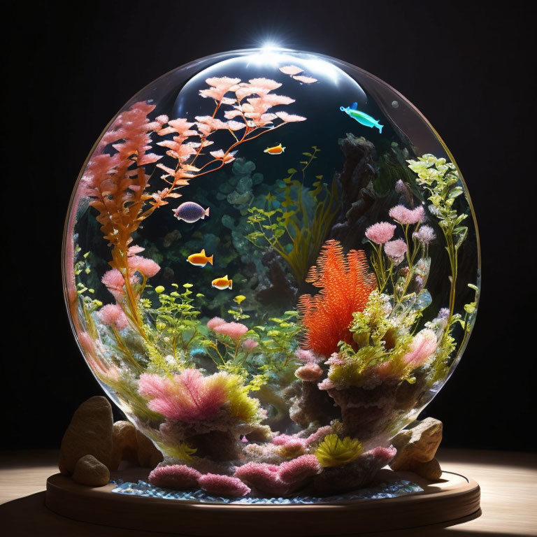 Colorful Coral and Fish in Illuminated Aquarium Globe