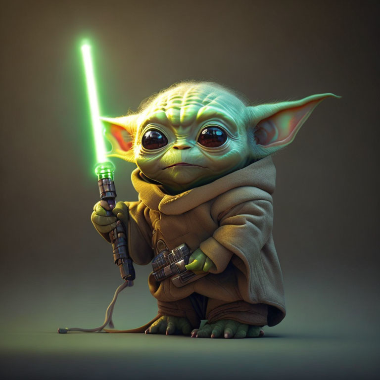 Small green character with big ears holding a lit green lightsaber