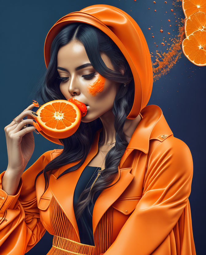 Woman in Vibrant Orange Outfit Bites into Orange Slice amid Citrus Background