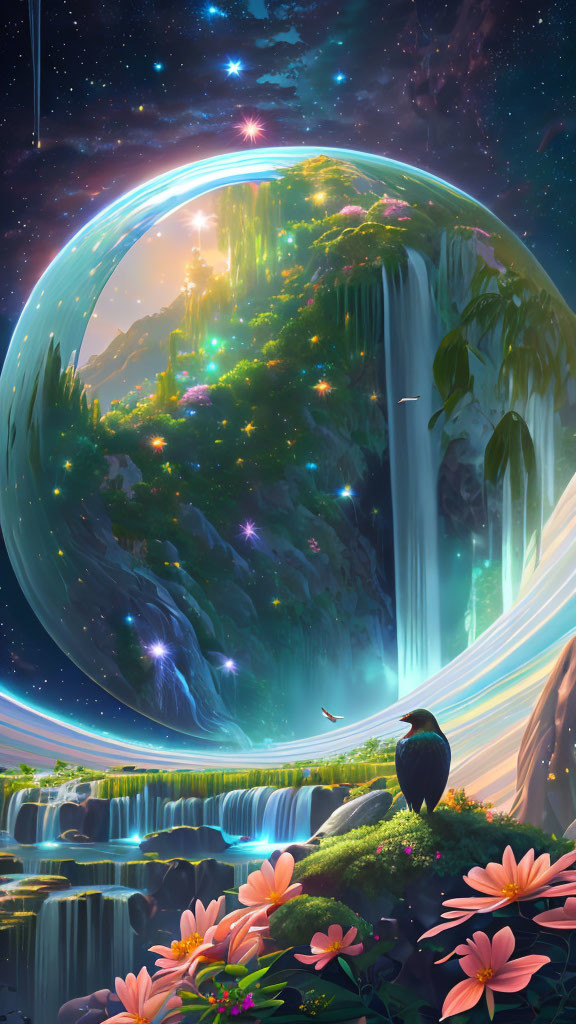 Fantastical cosmic landscape with waterfalls, greenery, bird, flowers, and large planet.