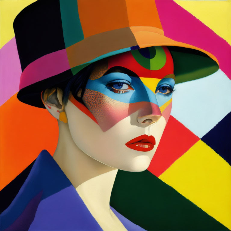 Geometric face paint portrait with colorful hat on multicolored background