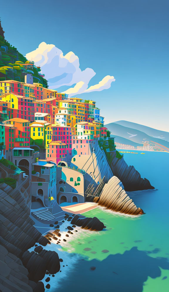 Colorful Coastal Village Illustration with Cliffside Buildings