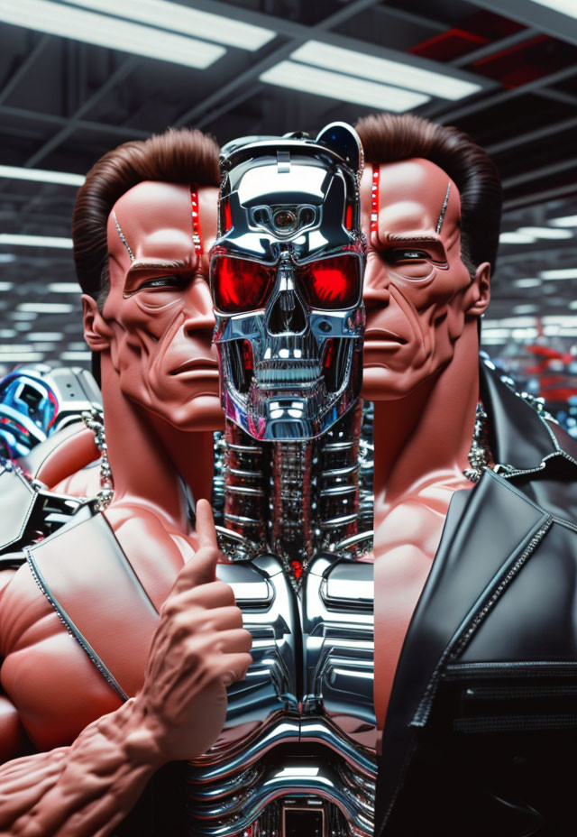 Three humanoid robots with exposed metallic endoskeletons giving thumbs up