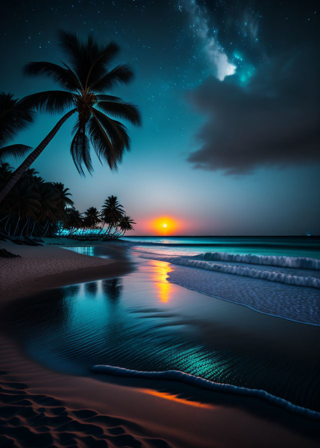 Twilight beach scene with palm tree silhouette and glowing sunset