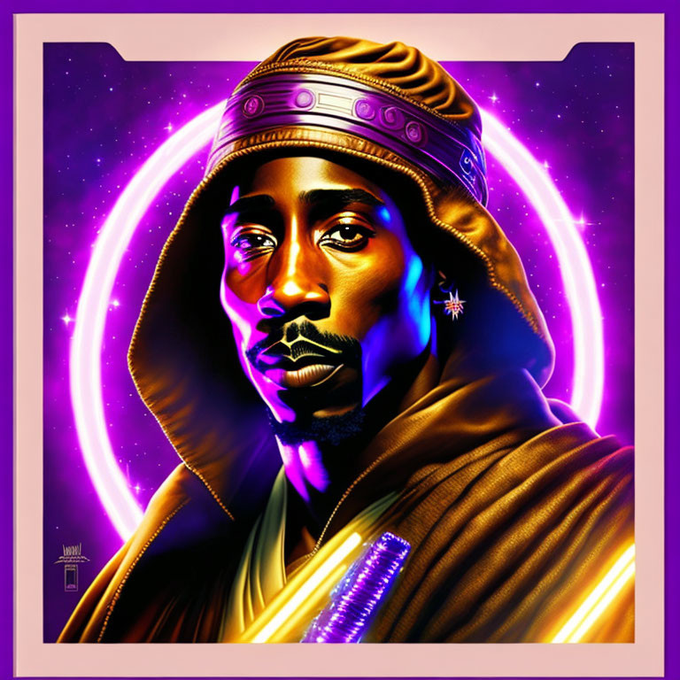 Vibrant purple and gold stylized portrait of a man with a headband against a cosmic background