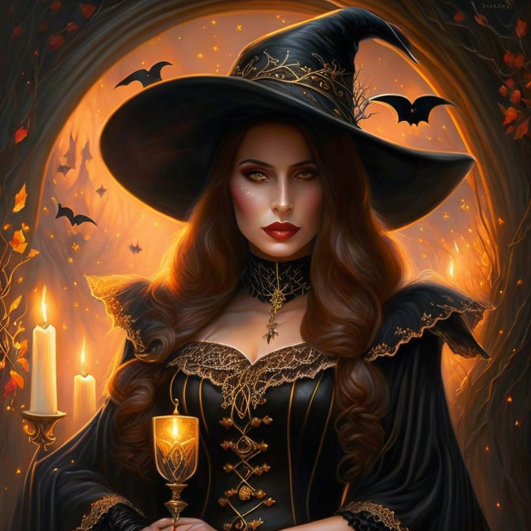 Digital artwork of woman as witch with chalice, bats, candles, fiery autumn backdrop