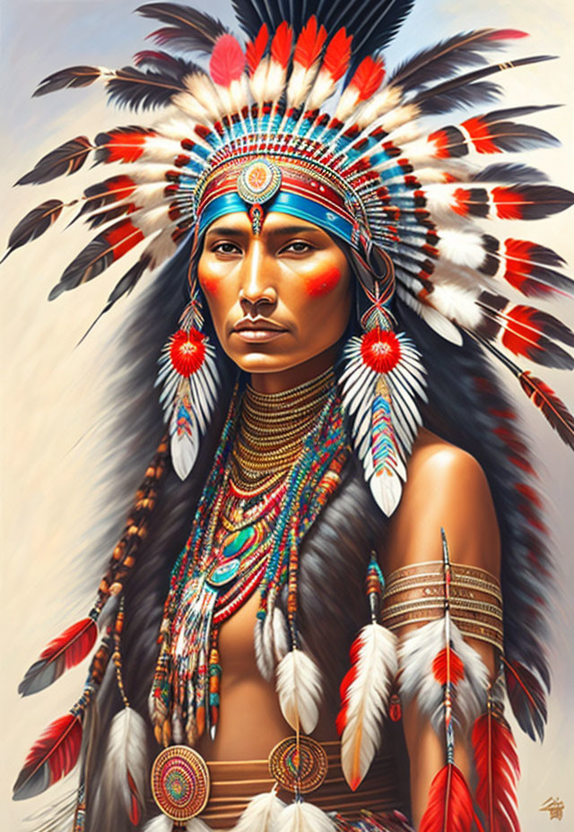 Portrait of Indigenous Person in Feathered Headdress and Ceremonial Attire