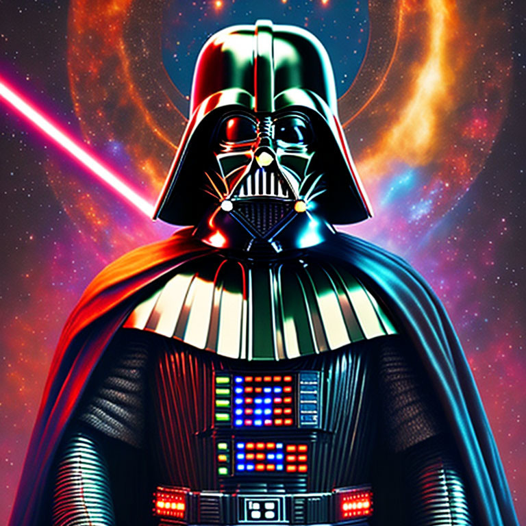 Colorful Darth Vader illustration with cosmic backdrop.