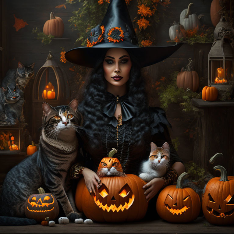 Woman in witch costume with black hat, cats, and pumpkins in Halloween scene