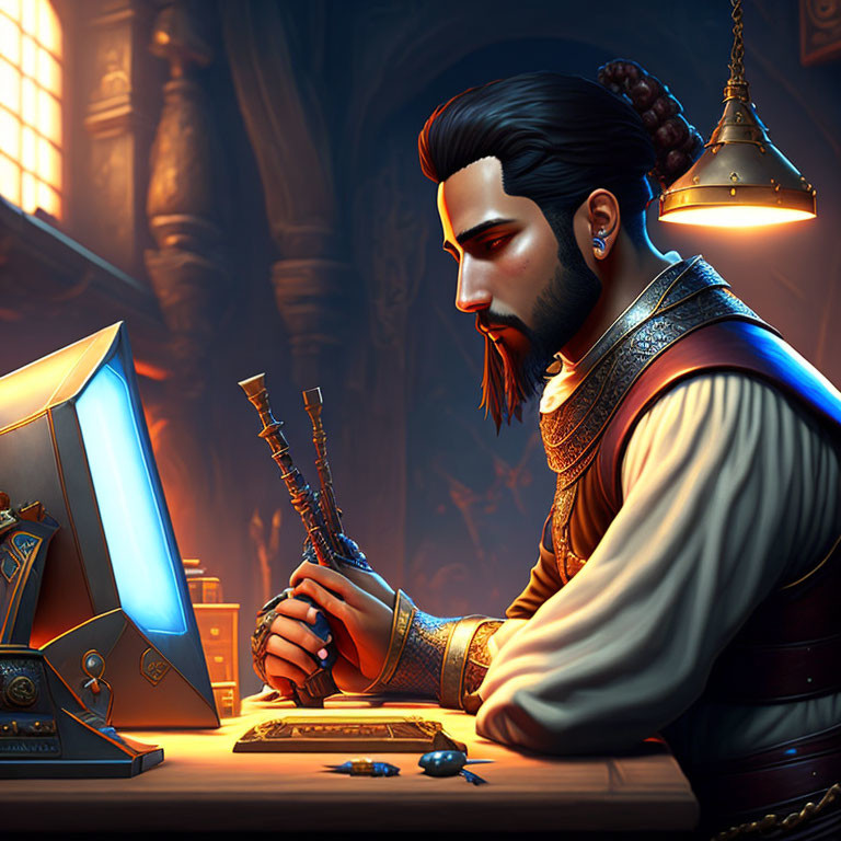 Digital illustration: Man with beard and bun at vintage desk with modern computer in warm, moody setting