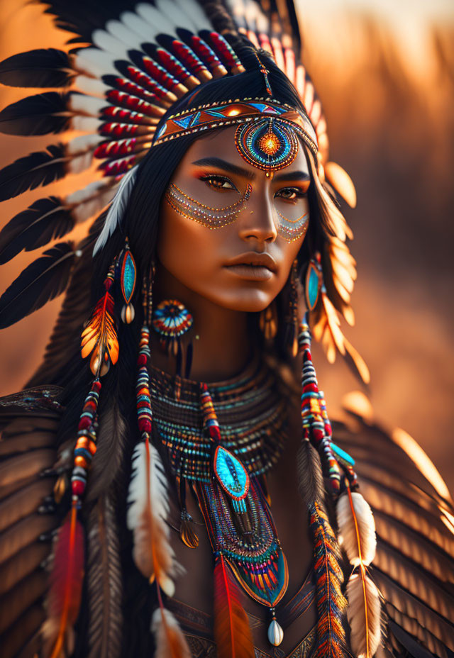 Feathered Headdress and Beaded Jewelry Portrait in Warm Light