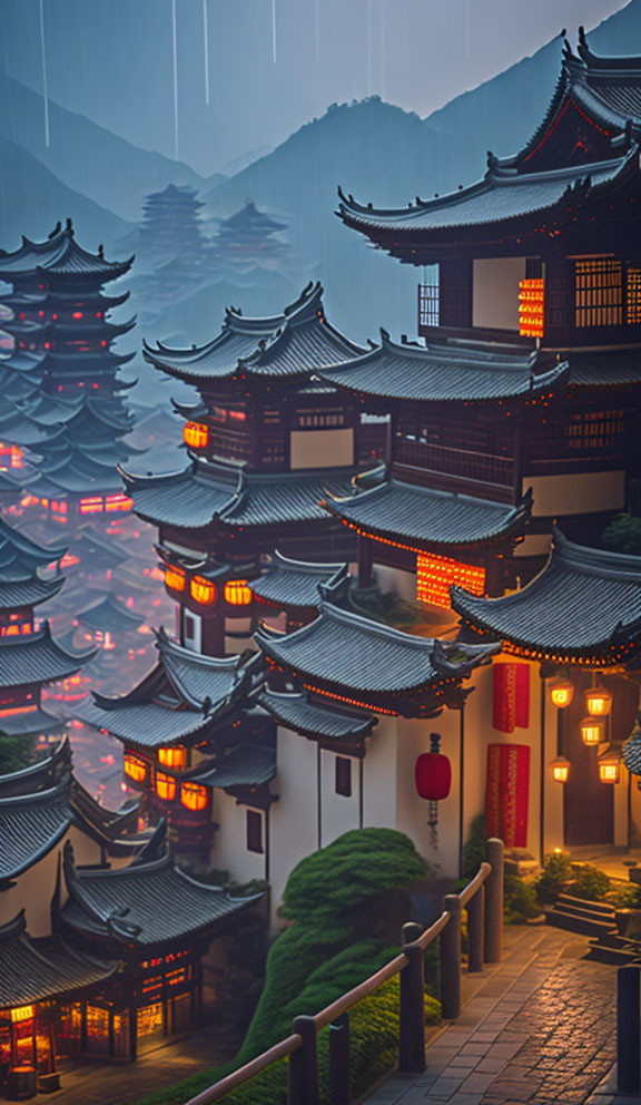 East Asian multi-tiered pagodas and houses illuminated by lanterns in rainy twilight.