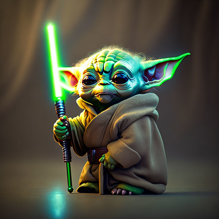 Young character with large ears holding a green lightsaber in brown robe