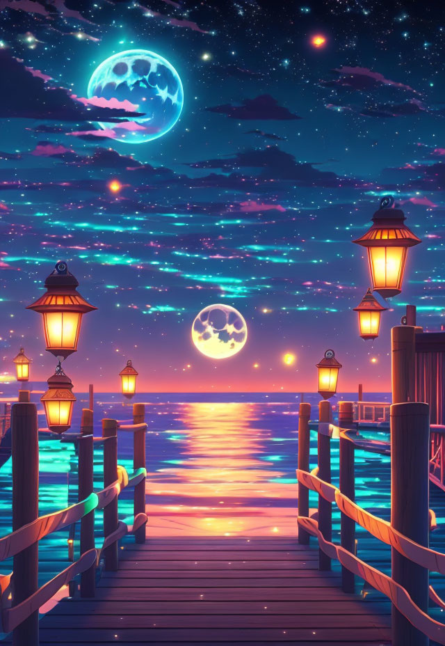 Digital art: Glowing lanterns on wooden pier under moonlit night