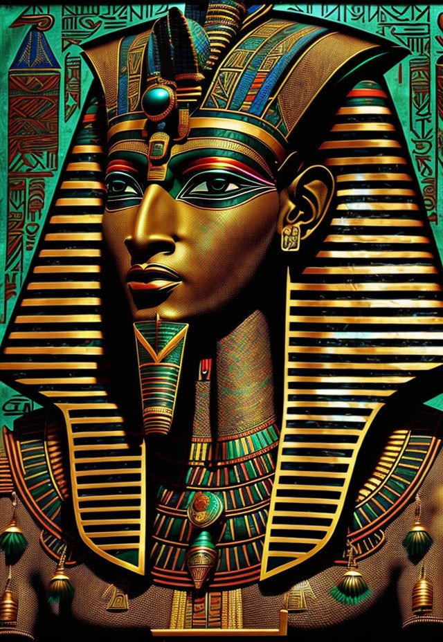 Vibrant Egyptian Pharaoh Artwork with Hieroglyphic Background